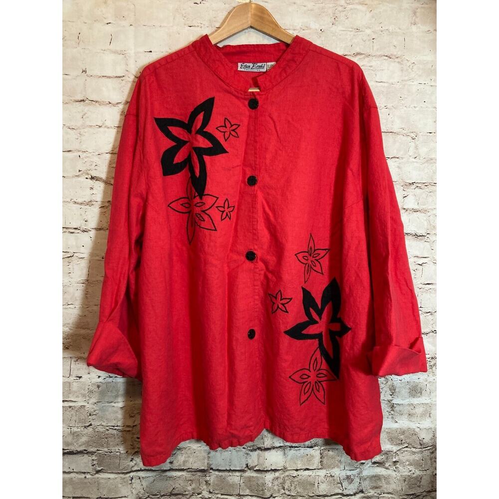Erica Brooke‎ Top Womens 36 Linen Cherry Red Embroidered Button Front Artsy Plus